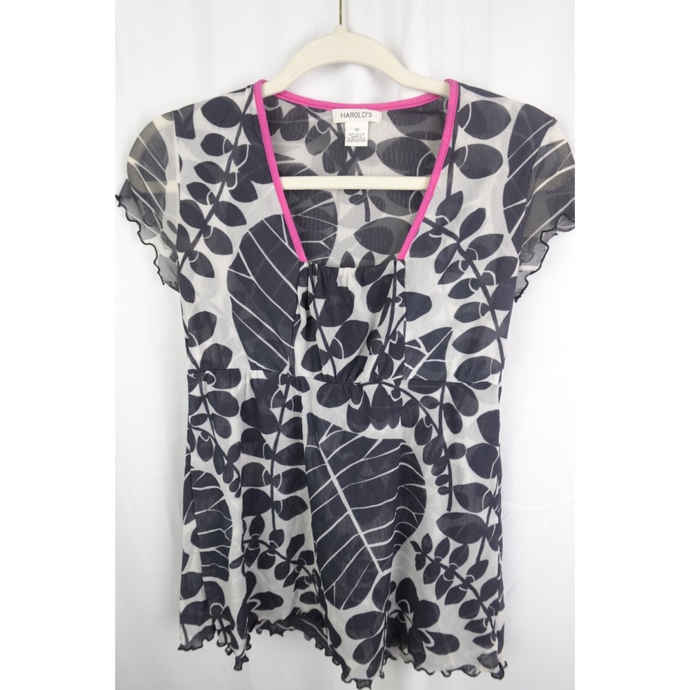 Harold's Sheer Floral Leaves Black White Pink Empire Waist Top XS